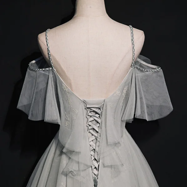 High-end Grey Prom Dresses 2020 A-Line / Princess Spaghetti Straps Short Sleeve Beading Floor-Length / Long Ruffle Backless Formal Dresses