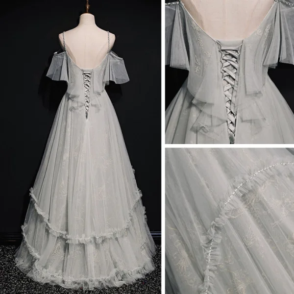 High-end Grey Prom Dresses 2020 A-Line / Princess Spaghetti Straps Short Sleeve Beading Floor-Length / Long Ruffle Backless Formal Dresses
