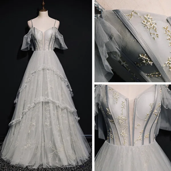 High-end Grey Prom Dresses 2020 A-Line / Princess Spaghetti Straps Short Sleeve Beading Floor-Length / Long Ruffle Backless Formal Dresses