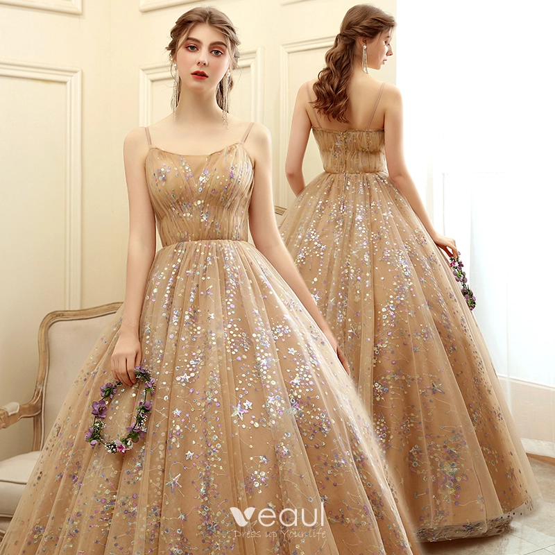 Elegant Gold Prom Dresses 2020 Ball Gown Off-The-Shoulder Short Sleeve  Appliques Lace Glitter Tulle Floor-Length / Long Ruffle Backless Formal  Dresses