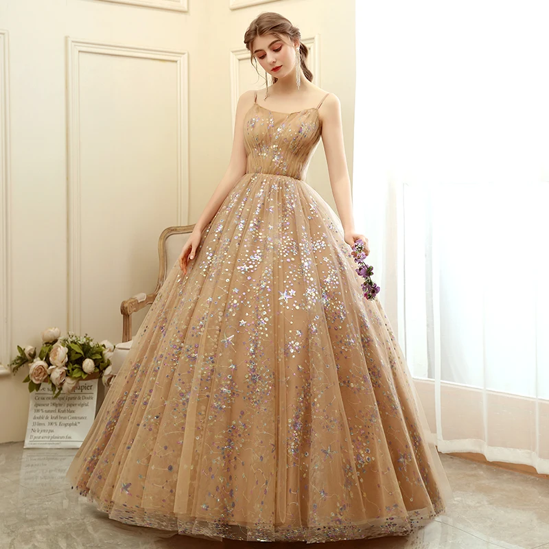 white christmas dresses Champagne A-Line Tulle Sequin Long Prom Dress, Champagne Formal Evening Dresses US 4 / Champagne main image 1