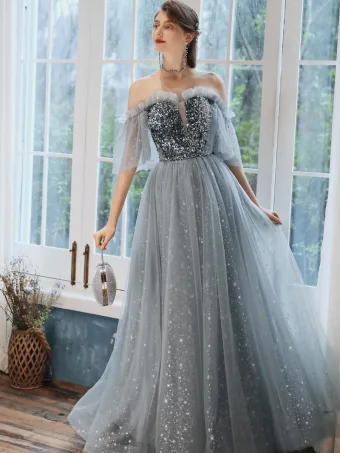 Elegante Grijs Avondjurken 2020 A Lijn Strapless 1 2 Mouwen Pailletten Glans Tule Lange Ruche Ruglooze Gelegenheid Jurken
