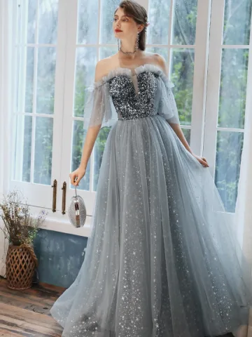Elegante Grijs Avondjurken 2020 A Lijn Strapless 1 2 Mouwen Pailletten Glans Tule Lange Ruche Ruglooze Gelegenheid Jurken