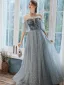 Élégant Gris Robe De Soirée 2020 Princesse Bustier 1/2 Manches Paillettes Glitter Tulle Longue Volants Dos Nu Robe De Ceremonie