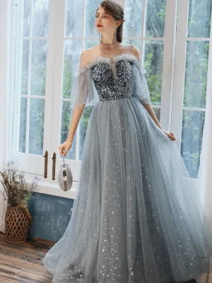 Eleganckie Szary Sukienki Wieczorowe 2020 Princessa Bez Ramiączek 1 2 Rękawy Cekiny Cekinami Tiulowe Długie Wzburzyć Bez Pleców Sukienki Wizytowe