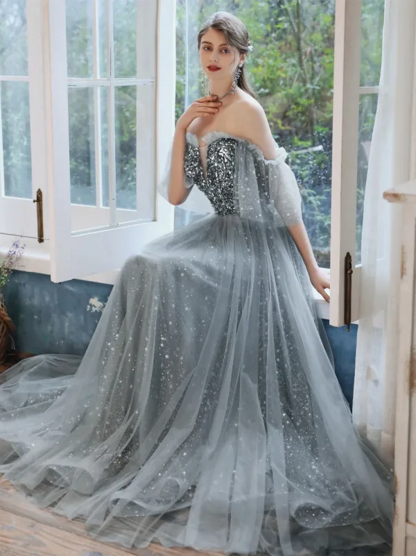 Elegant Grey Evening Dresses 2020 A-Line Princess Strapless 1/2 Sleeves Sequins Glitter Elegant Grey Evening Dresses 2020 A-Line Princess Strapless 1/2 Sleeves Sequins Glitter