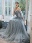 Élégant Gris Robe De Soirée 2020 Princesse Bustier 1/2 Manches Paillettes Glitter Tulle Longue Volants Dos Nu Robe De Ceremonie