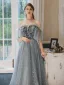 Élégant Gris Robe De Soirée 2020 Princesse Bustier 1/2 Manches Paillettes Glitter Tulle Longue Volants Dos Nu Robe De Ceremonie