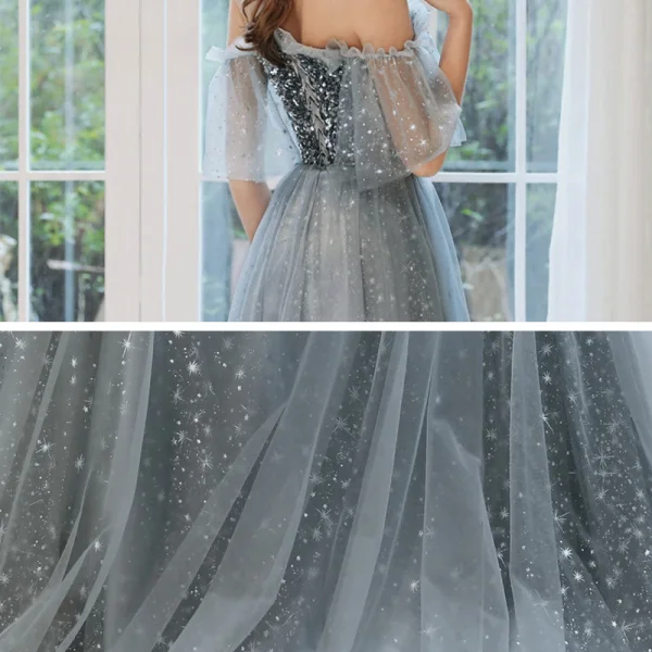 Élégant Gris Robe De Soirée 2020 Princesse Bustier 1/2 Manches Paillettes Glitter Tulle Longue Volants Dos Nu Robe De Ceremonie