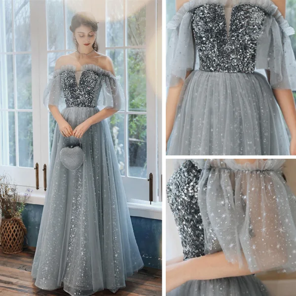 Élégant Gris Robe De Soirée 2020 Princesse Bustier 1/2 Manches Paillettes Glitter Tulle Longue Volants Dos Nu Robe De Ceremonie