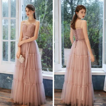 Elegant Pearl Pink Evening Dresses 2020 A Line Princess Spaghetti Straps Sleeveless Glitter Tulle Sash Floor Length Long Ruffle Backless Formal Dresses