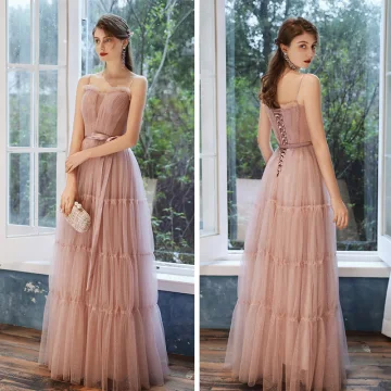 Élégant Perle Rose Robe De Soirée 2020 Princesse Bretelles Spaghetti Sans Manches Glitter Tulle Ceinture Longue Volants Dos Nu Robe De Ceremonie