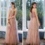 Elegant Pearl Pink Evening Dresses  2020 A-Line / Princess Spaghetti Straps Sleeveless Glitter Tulle Sash Floor-Length / Long Ruffle Backless Formal Dresses