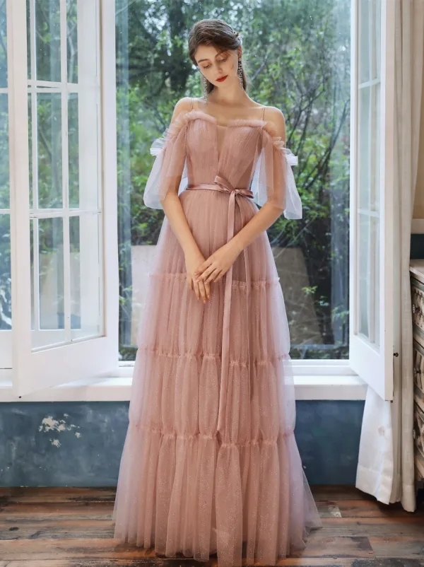 Elegant Pearl Pink Evening Dresses  2020 A-Line / Princess Spaghetti Straps Sleeveless Glitter Tulle Sash Floor-Length / Long Ruffle Backless Formal Dresses
