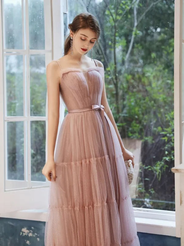 Elegant Pearl Pink Evening Dresses  2020 A-Line / Princess Spaghetti Straps Sleeveless Glitter Tulle Sash Floor-Length / Long Ruffle Backless Formal Dresses
