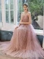 Elegant Pearl Pink Evening Dresses  2020 A-Line / Princess Spaghetti Straps Sleeveless Glitter Tulle Sash Floor-Length / Long Ruffle Backless Formal Dresses
