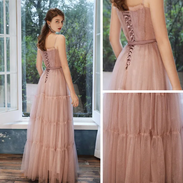 Elegant Pearl Pink Evening Dresses  2020 A-Line / Princess Spaghetti Straps Sleeveless Glitter Tulle Sash Floor-Length / Long Ruffle Backless Formal Dresses