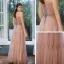 Elegant Pearl Pink Evening Dresses  2020 A-Line / Princess Spaghetti Straps Sleeveless Glitter Tulle Sash Floor-Length / Long Ruffle Backless Formal Dresses