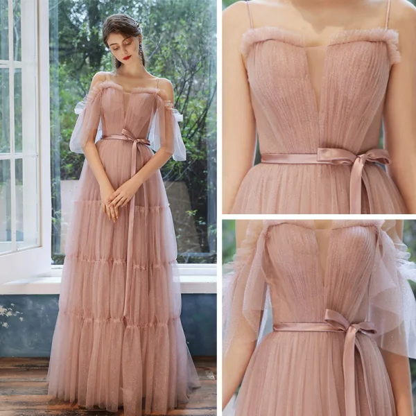Elegant Pearl Pink Evening Dresses  2020 A-Line / Princess Spaghetti Straps Sleeveless Glitter Tulle Sash Floor-Length / Long Ruffle Backless Formal Dresses