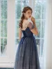 Starry Sky Navy Blue Evening Dresses  2020 A-Line / Princess See-through Scoop Neck Short Sleeve Beading Glitter Tulle Floor-Length / Long Ruffle Backless Formal Dresses