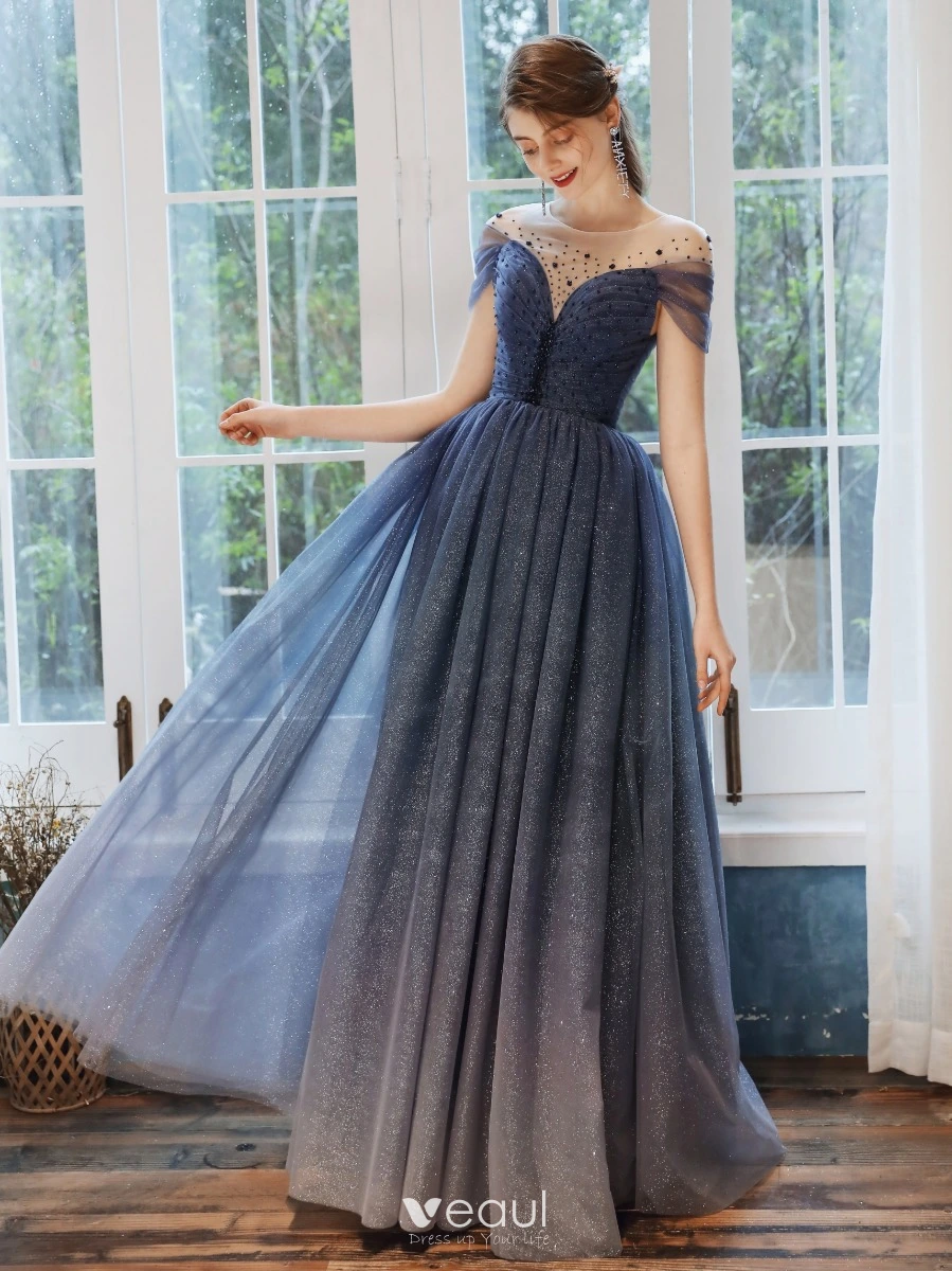 Eightale Navy Blue Short Evening Dress for Wedding Party V-Neck Satin  Gliiter Prom Gown Long Puffy Sleeves Celebrity Gown - AliExpress
