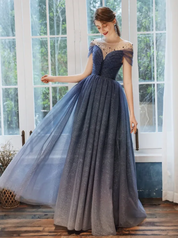Ciel étoilé Bleu Marine Robe De Soirée 2020 Princesse Transparentes Encolure Dégagée Manches Courtes Perlage Glitter Tulle Longue Volants Dos Nu Robe De Ceremonie