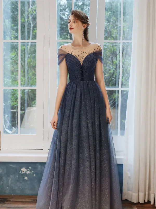 Ciel étoilé Bleu Marine Robe De Soirée 2020 Princesse Transparentes Encolure Dégagée Manches Courtes Perlage Glitter Tulle Longue Volants Dos Nu Robe De Ceremonie