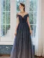 Ciel étoilé Bleu Marine Robe De Soirée 2020 Princesse Transparentes Encolure Dégagée Manches Courtes Perlage Glitter Tulle Longue Volants Dos Nu Robe De Ceremonie