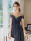 Ciel étoilé Bleu Marine Robe De Soirée 2020 Princesse Transparentes Encolure Dégagée Manches Courtes Perlage Glitter Tulle Longue Volants Dos Nu Robe De Ceremonie