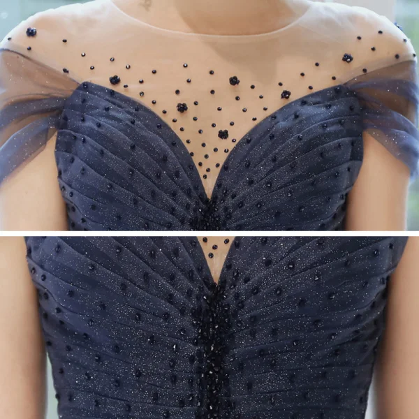 Ciel étoilé Bleu Marine Robe De Soirée 2020 Princesse Transparentes Encolure Dégagée Manches Courtes Perlage Glitter Tulle Longue Volants Dos Nu Robe De Ceremonie
