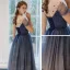 Ciel étoilé Bleu Marine Robe De Soirée 2020 Princesse Transparentes Encolure Dégagée Manches Courtes Perlage Glitter Tulle Longue Volants Dos Nu Robe De Ceremonie