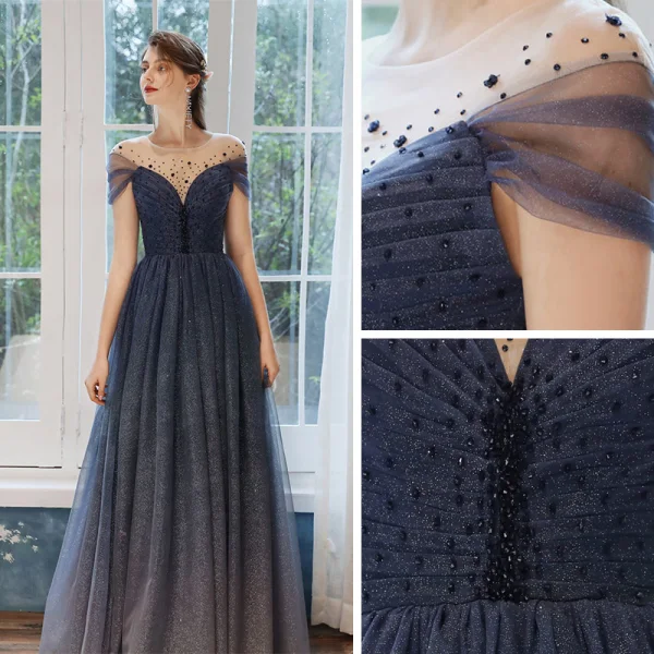 Ciel étoilé Bleu Marine Robe De Soirée 2020 Princesse Transparentes Encolure Dégagée Manches Courtes Perlage Glitter Tulle Longue Volants Dos Nu Robe De Ceremonie