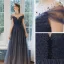 Ciel étoilé Bleu Marine Robe De Soirée 2020 Princesse Transparentes Encolure Dégagée Manches Courtes Perlage Glitter Tulle Longue Volants Dos Nu Robe De Ceremonie