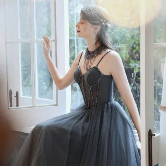 Elegant Grey Evening Dresses 2020 A Line Princess Spaghetti Straps Sleeveless Beading Glitter Tulle Floor Length Long Ruffle Backless Formal Dresses
