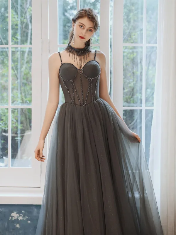 Élégant Gris Robe De Soirée 2020 Princesse Bretelles Spaghetti Sans Manches Perlage Glitter Tulle Longue Volants Dos Nu Robe De Ceremonie