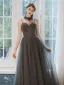 Élégant Gris Robe De Soirée 2020 Princesse Bretelles Spaghetti Sans Manches Perlage Glitter Tulle Longue Volants Dos Nu Robe De Ceremonie