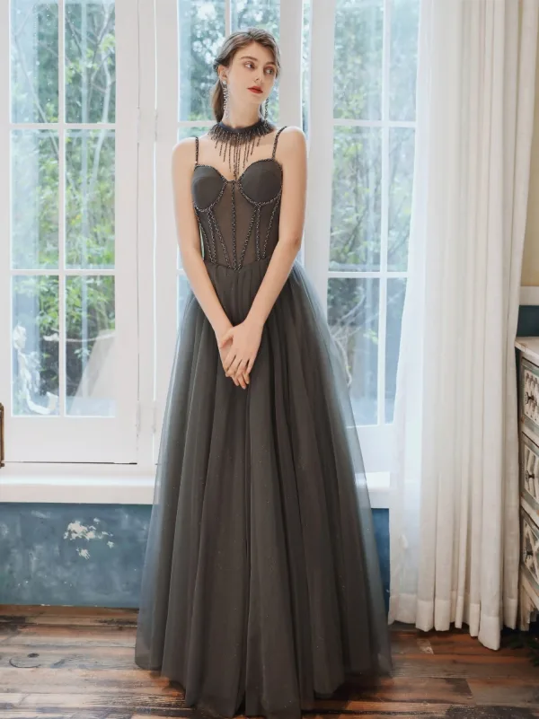 Élégant Gris Robe De Soirée 2020 Princesse Bretelles Spaghetti Sans Manches Perlage Glitter Tulle Longue Volants Dos Nu Robe De Ceremonie