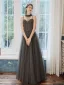 Élégant Gris Robe De Soirée 2020 Princesse Bretelles Spaghetti Sans Manches Perlage Glitter Tulle Longue Volants Dos Nu Robe De Ceremonie