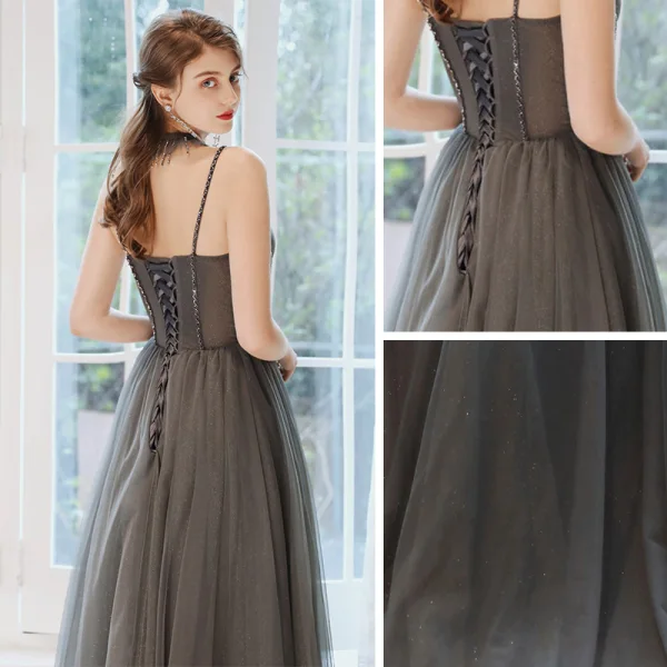 Élégant Gris Robe De Soirée 2020 Princesse Bretelles Spaghetti Sans Manches Perlage Glitter Tulle Longue Volants Dos Nu Robe De Ceremonie