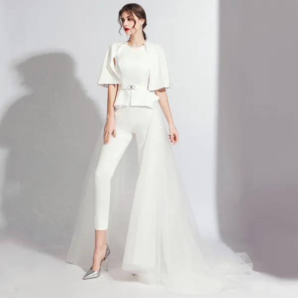Fashion White Jumpsuit With Shawl 2020 Scoop Neck Backless Metal Sash Sweep Train Evening Dresses