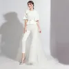 Moda Blanco Mono Ropa Con Chal 2020 Scoop Escote Sin Espalda Metal Cinturón Colas De Barrido Vestidos de noche