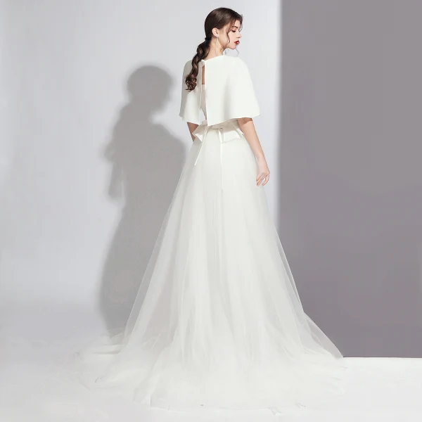 Fashion White Jumpsuit With Shawl 2020 Scoop Neck Backless Metal Sash Sweep Train Evening Dresses