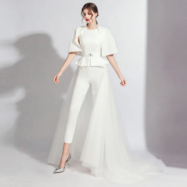 Fashion White Jumpsuit With Shawl 2020 Scoop Neck Backless Metal Sash Sweep Train Evening Dresses