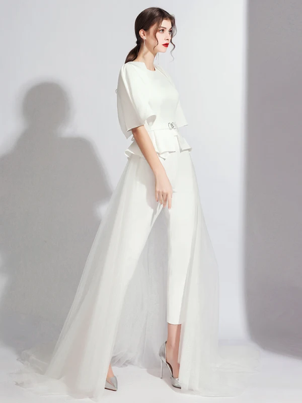 Fashion White Jumpsuit With Shawl 2020 Scoop Neck Backless Metal Sash Sweep Train Evening Dresses