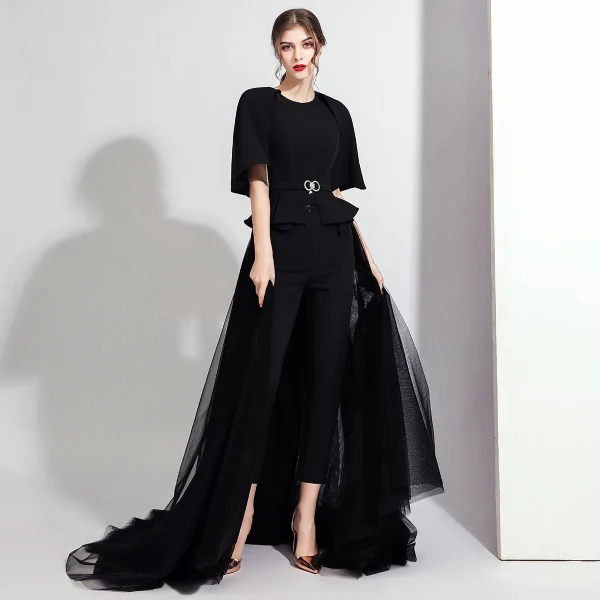 Fashion White Jumpsuit With Shawl 2020 Scoop Neck Backless Metal Sash Sweep Train Evening Dresses