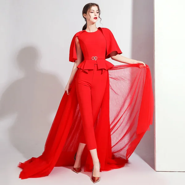 Fashion White Jumpsuit With Shawl 2020 Scoop Neck Backless Metal Sash Sweep Train Evening Dresses
