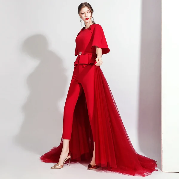 Fashion White Jumpsuit With Shawl 2020 Scoop Neck Backless Metal Sash Sweep Train Evening Dresses Fashion White Jumpsuit With Shawl 2020 Scoop Neck Backless Metal Sash Sweep Train Evening Dresses
