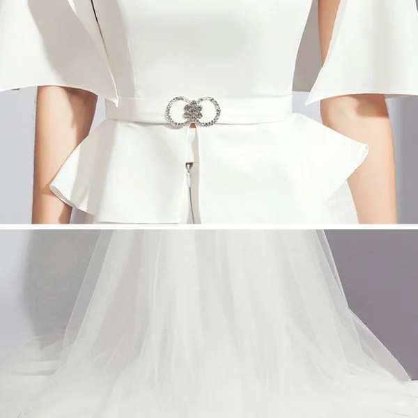 Fashion White Jumpsuit With Shawl 2020 Scoop Neck Backless Metal Sash Sweep Train Evening Dresses