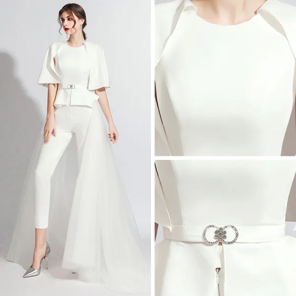 Fashion White Jumpsuit With Shawl 2020 Scoop Neck Backless Metal Sash Sweep Train Evening Dresses