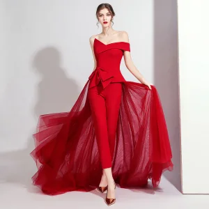 Fashion Burgundy Jumpsuit 2020 Off The Shoulder Short Sleeve Bow Sweep Train Backless Evening Dresses